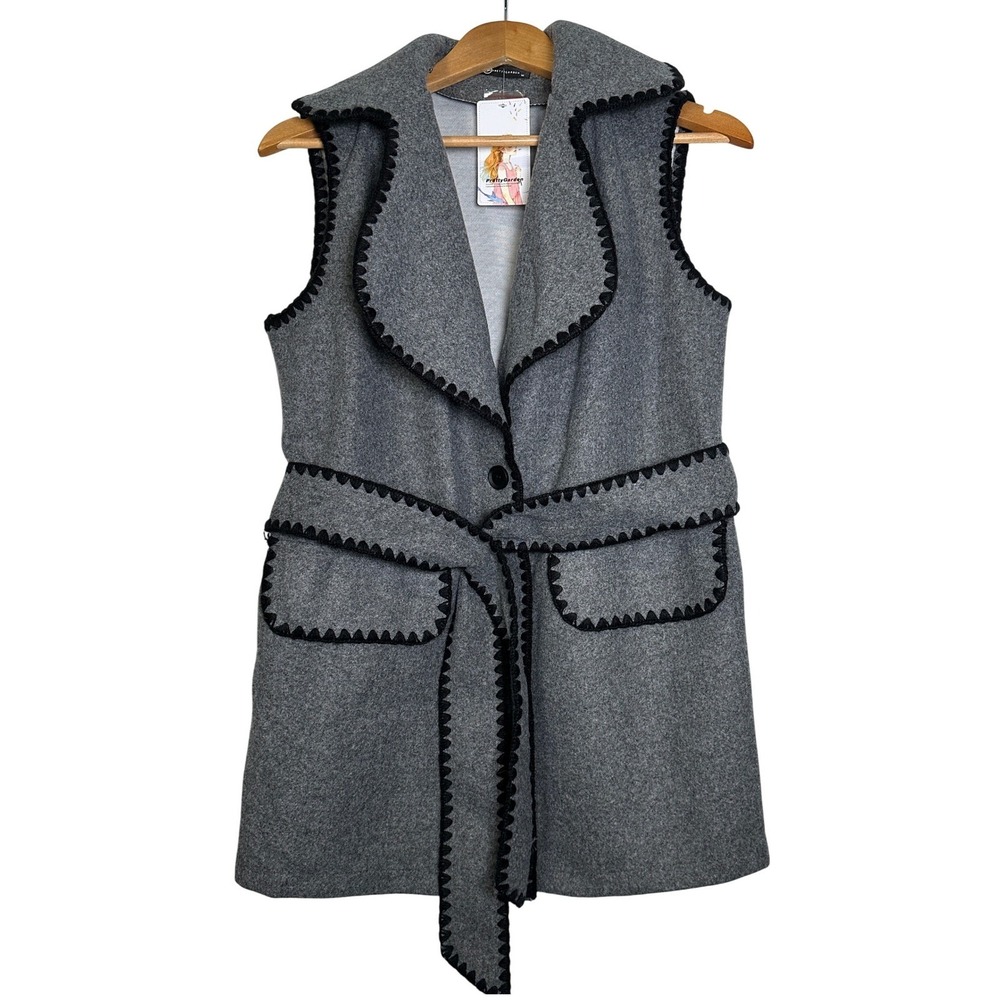 NWT PRETTY GARDEN Women's‎ Grey Sleeveless Vest Blazer Belted Collar Trim Medium